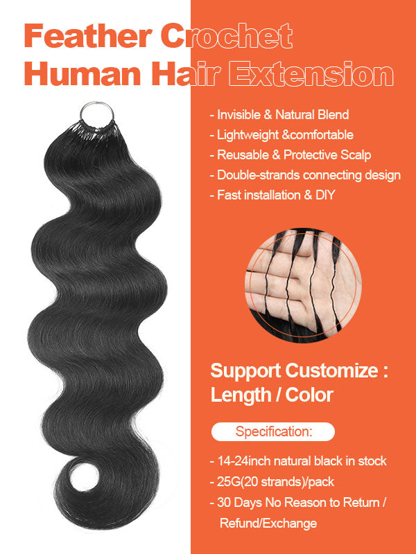 Body Wave Feather Crochet Human Hair Extensions – Natural Black | Coliki Hair